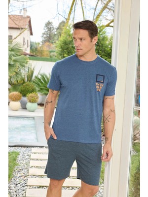 Pijamoni Erkek Bisiklet Yaka Kısa Kollu Koyu Mavi Şort Takımı