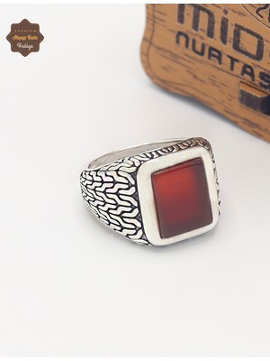 Midyat Nurtaş Gümüş Akik Taşlı Dikdörtgen Motifli 925 Ayar Gümüş Çocuk Yüzüğü 201025358