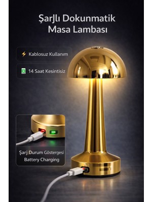 Zen Light Şarjlı Dokunmatik Metal Masa Lambası Kablosuz 14 Saat Kullanım LED Gece Lambası