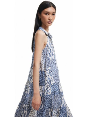 Koton Astarlı Etnik Desenli Düğmeli Kolsuz Midi Gömlek Elbise