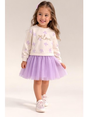 Kız Çocuk Tütü Etekli Payet Işlemeli Kurdele Baskılı %100 Pamuk Mor Astarlı Elbise