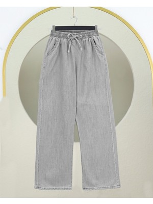 Moda Morfo Beli Lastikli Cepli Bol Paça Kot Pantolon         -Gri