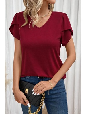 Kadın Kısa Kollu V Yakalı Viskon Bluz