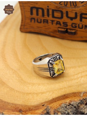 Midyat Nurtaş Gümüş Sitrin Taşlı Işlemeli Dikdörtgen Model 925 Ayar Gümüş Çocuk Yüzüğü 201025308