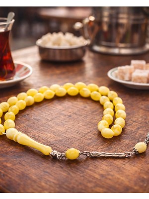 Beyrut Damla Kehribar Tesbih 10X7 mm Tane Gümüş Kaplama Püsküllü Premium Kalite Sarı Damla Kehribar Tesbih