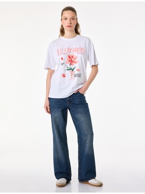 Koton Rahat Kalıp Kısa Kollu Bisiklet Yaka Hibiskus Baskılı Tişört