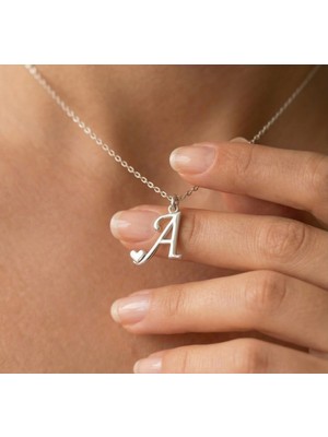 Ashak Accessories Kadın 925 Ayar Gümüş Zincirli A Harfi Kalpli Baş Harfli Kalp Harf Alfabe Isim Kolye