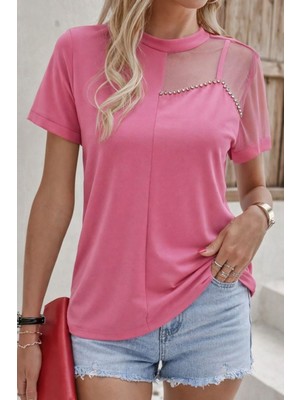 Kadın Kısa Kollu Tül Detaylı Taşlı Janjan Krep Bluz