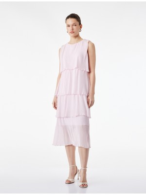 Koton Kolsuz Bisiklet Yaka Kat Kat Volümlü Midi Şifon Elbise