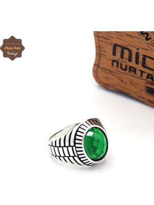 Midyat Nurtaş Gümüş Zümrüt Taşlı Çizgili Karo Oval Model 925 Ayar Gümüş Çocuk Yüzüğü 201025326