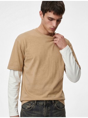 Koton Bisiklet Yaka Rahat Kalıp Pamuklu Kumaş Detaylı Uzun Çıkma Kollu Tişört