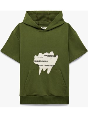 Koton Pamuklu Cepli Baskılı Kısa Kollu Kapüşonlu Oversize Sweatshirt