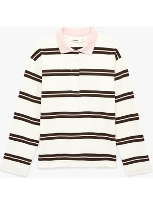 Koton Regular Fit Uzun Kollu Kontrast Detaylı Polo Yaka Çizgili Sweatshirt