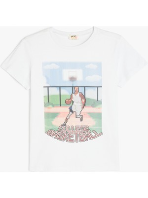 Koton Basketbol Baskılı Bisiklet Yaka Kısa Kollu Pamuklu Tişört