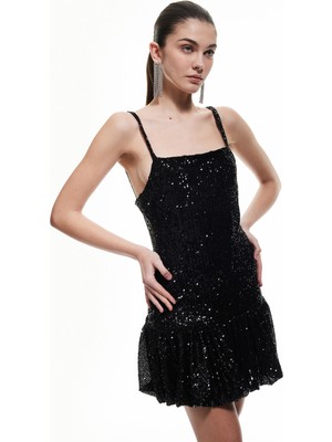 Koton Pullu Payetli Kare Yaka Askılı Mini Elbise