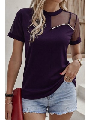 Kadın Kısa Kollu Tül Detaylı Taşlı Janjan Krep Bluz