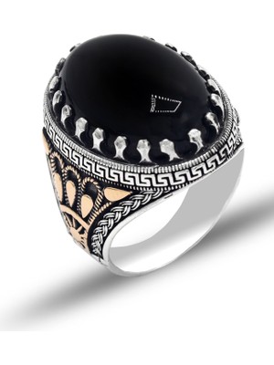 Midyat Nurtaş Gümüş Oniks Taşlı Kral Tacı Motifli 925 Ayar Gümüş Erkek Yüzük 201025408