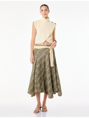 Koton Viskon Karışımlı Asimetrik Kesim Midi Ekose Etek