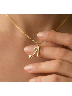 Ashak Accessories Kadın 925 Ayar Gümüş Zincirli A Harfi Kalpli Baş Harfli Kalp Harf Alfabe Isim Kolye