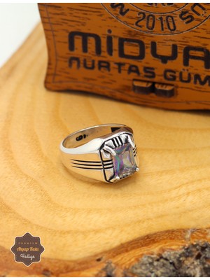 Midyat Nurtaş Gümüş Mistik Topaz Taşlı Kare Model 925 Ayar Gümüş Çocuk Yüzüğü 201025298