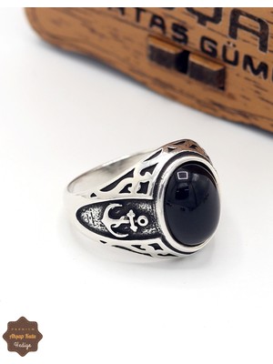 Midyat Nurtaş Gümüş Oniks Taşlı Oval Denizci Çapası Model 925 Ayar Gümüş Çocuk Yüzüğü 201025392