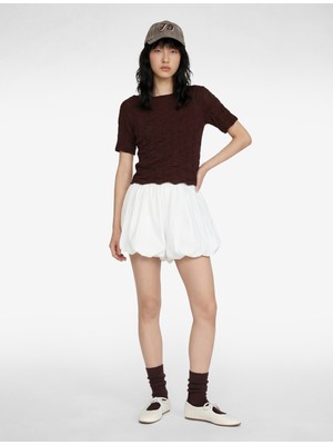 Koton Bürümcük Kumaş Slim Fit Kısa Kollu Kayık Yaka Crop Tişört