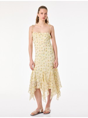 Koton Asimetrik Kesim Ip Askılı Kolsuz Şifon Çiçekli Uzun Elbise