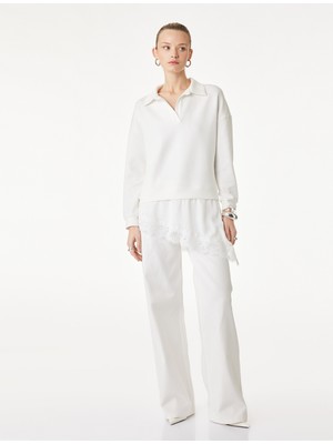 Koton Uzun Kollu Polo V Yaka Dantelli Etek Ucu Detaylı Sweatshirt