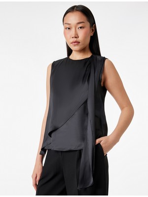 Koton Dökümlü Şal Yaka Fular Detaylı Kolsuz Saten Bluz