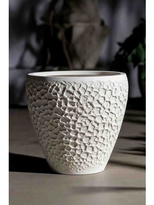 Talaşoğlu Doğal Mineral Döküm Dekoratif Saksı - Modern Dokulu Beyaz Antrasit Tasarım