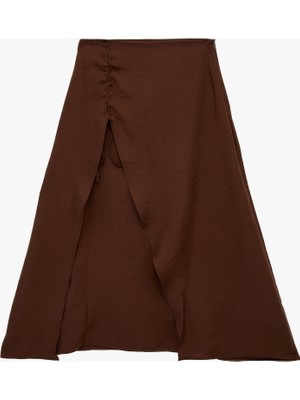 Koton Modal Kumaş Yırtmaçlı Büzgü Detaylı A Kesim Midi Etek