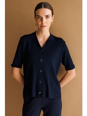 Desen Triko Kadın Polo Yaka Kısa Kollu Ince Triko Ceket K.lacivert