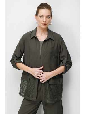 Desen Triko Kadın Eteği ve Kol Ucu Fileli Yazlık Ceket Haki