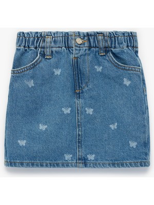 Koton Pamuklu Kelebek Desenli A Kesim Cepli Mini Denim Etek