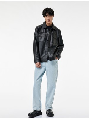 Koton Gömlek Yaka Kapaklı Cepli Uzun Kollu Slim Fit Suni Deri Ceket