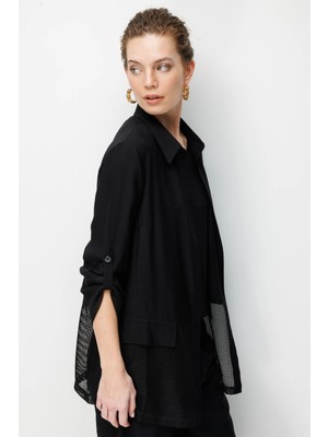 Desen Triko Kadın Eteği ve Kol Ucu Fileli Yazlık Ceket Siyah