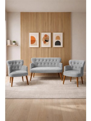 Azra Mobilya Babyface Kumaş Modern Çay Seti Koltuk Takımı 2+1+1 – Ahşap Ceviz Ayak Açık Gri