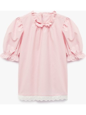 Koton Fırfırlı Detaylı Bisiklet Yaka Kısa Kollu Pamuklu  Bluz