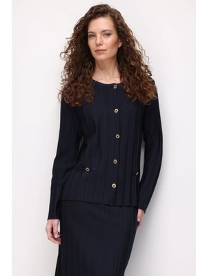 Desen Triko Kadın Sıfır Yaka Pileli Kısa Triko Ceket K.lacivert