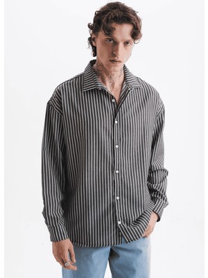 Danger Erkek %100 Pamuklu Çizgili Gömlek Siyah