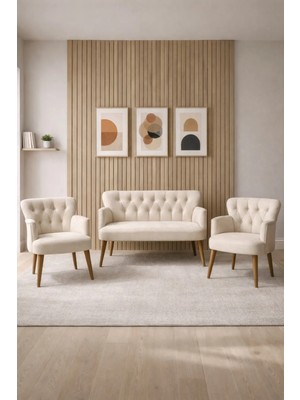 Azra Mobilya Babyface Kumaş Modern Çay Seti Koltuk Takımı 2+1+1 – Ahşap Ceviz Ayak Krem