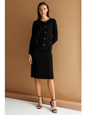 Desen Triko Kadın Sıfır Yaka Pileli Kısa Triko Ceket Siyah