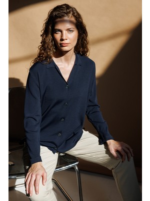 Desen Triko Kadın Polo Yaka Uzun Kollu Ince Triko Ceket K.lacivert