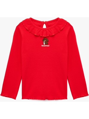 Koton Uzun Kollu Fırfırlı Bisiklet Yaka Köpek Işlemeli Kaşkorse Tişört