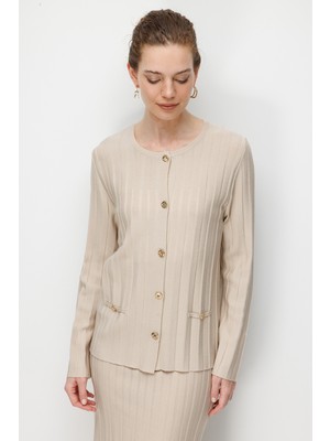 Desen Triko Kadın Sıfır Yaka Pileli Kısa Triko Ceket Bej