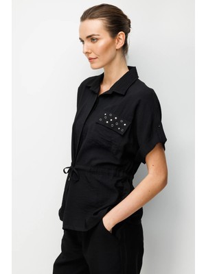 Desen Triko Kadın Belden Bağlamalı Cebi Metal Taşlı Ceket Siyah