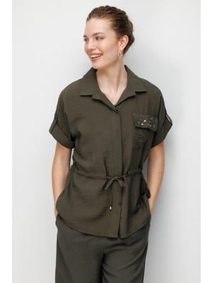 Desen Triko Kadın Belden Bağlamalı Cebi Metal Taşlı Ceket Haki