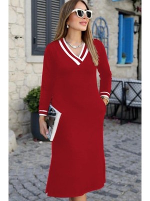Bizcomoda Kadın Uzun Kollu V Yakalı Yandan Yırtmaçlı Iki Iplik Midi Elbise
