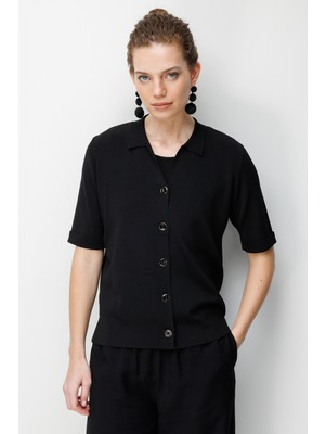 Desen Triko Kadın Polo Yaka Kısa Kollu Ince Triko Ceket Siyah