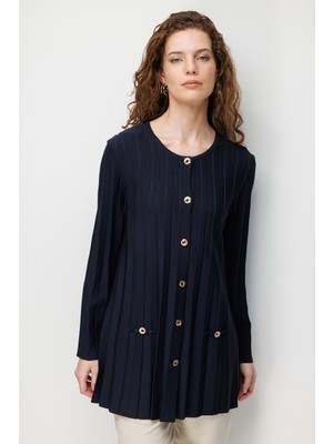 Desen Triko Kadın Sıfır Yaka Pileli Uzun Triko Ceket K.lacivert